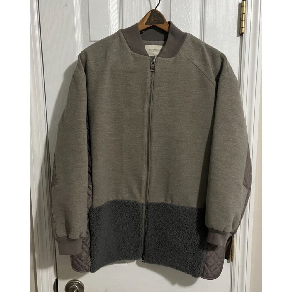 Size-XS BCBGMAXAZRIA Runway Lamb Fur Jacket Gray Mixed Media Zip Bomber Coat